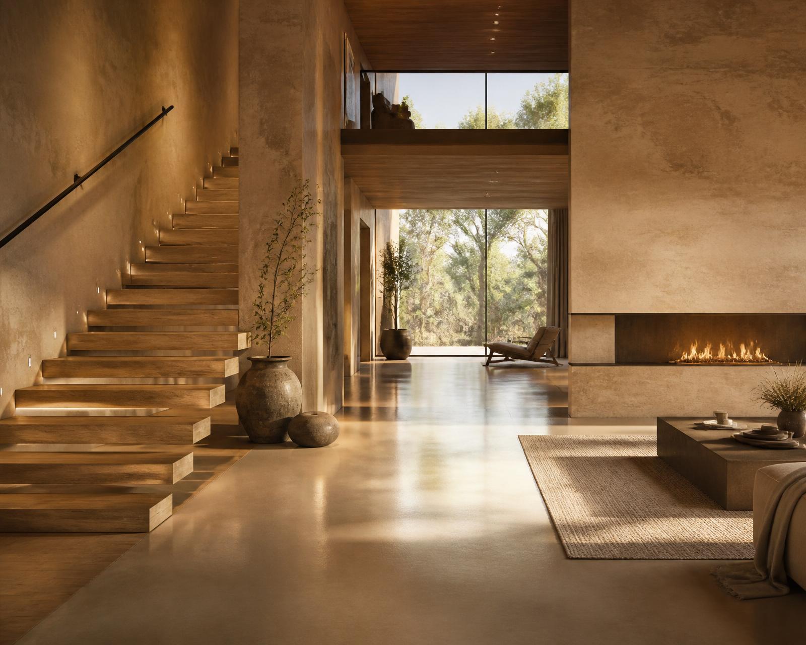 Interno moderno con pavimento in resina, scala in legno e camino